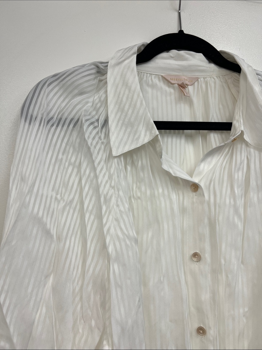 Rebecca Taylor White Satin and Sheer Striped Button Down Shirt Blouse